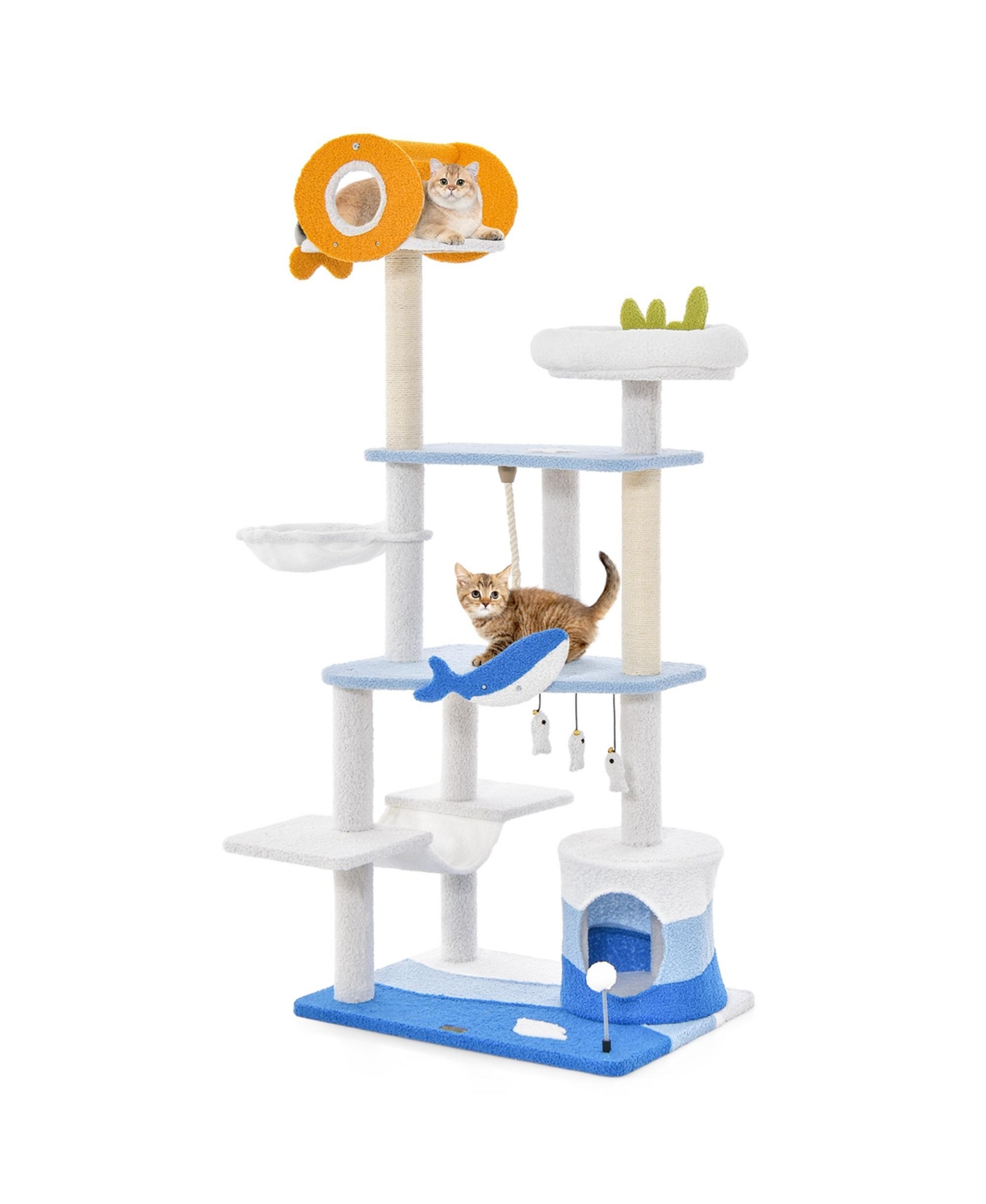 Ocean-themed Cat Tree Tower with Sisal Covered Scratching Posts Condo Perch - Blue