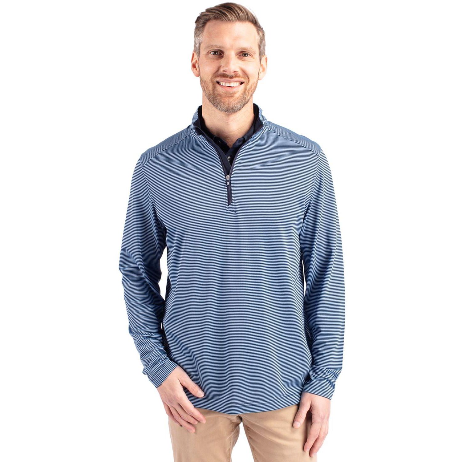 Men's Cutter Buck Virtue Eco Pique Micro Stripe Recycled Quarter Zip Jacket