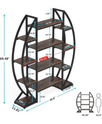 Oval Bookshelf, Triple Wide 5 Tier Etagere Bookcase, Industrial Display Shelves for Living Room (Brown, 55")