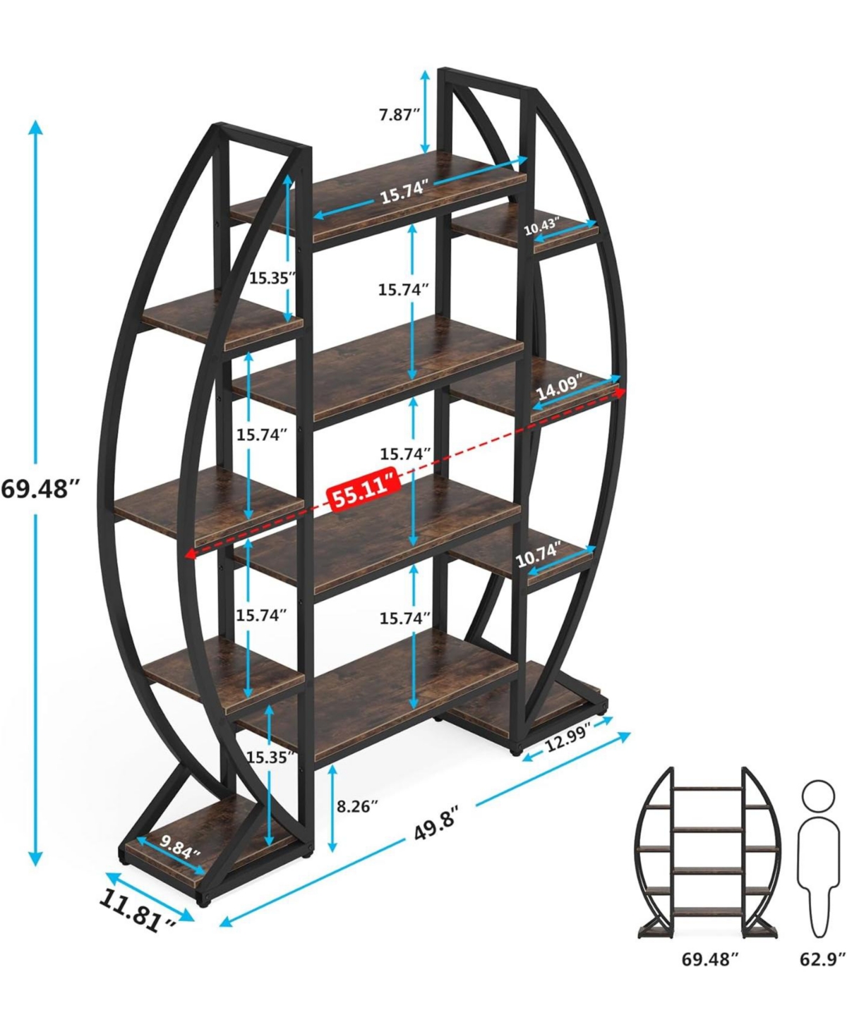 Tribesigns Oval Bookshelf, Triple Wide 5 Tier Etagere Bookcase, Industrial Display Shelves for Living Room (Brown, 55
