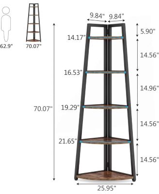 70" Tall Corner Shelf, 5-Tier Rustic Bookshelf, Industrial Ladder Shelf & Plant Stand for Living Room, Kitchen, Home Office