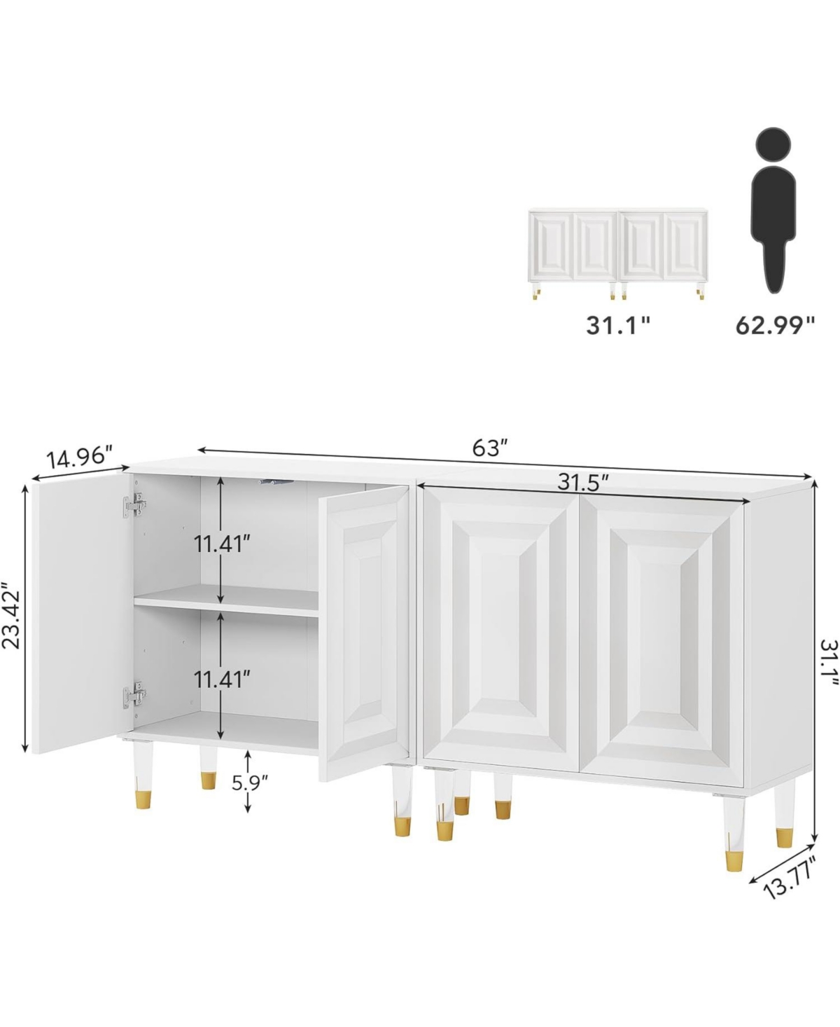 Tribesigns Sideboard Buffet Cabinet, 63 Inch Modern Kitchen Accent Cabinet with 4 Doors and Storage Shelves, White Credenzas Console Bar Cabinet for