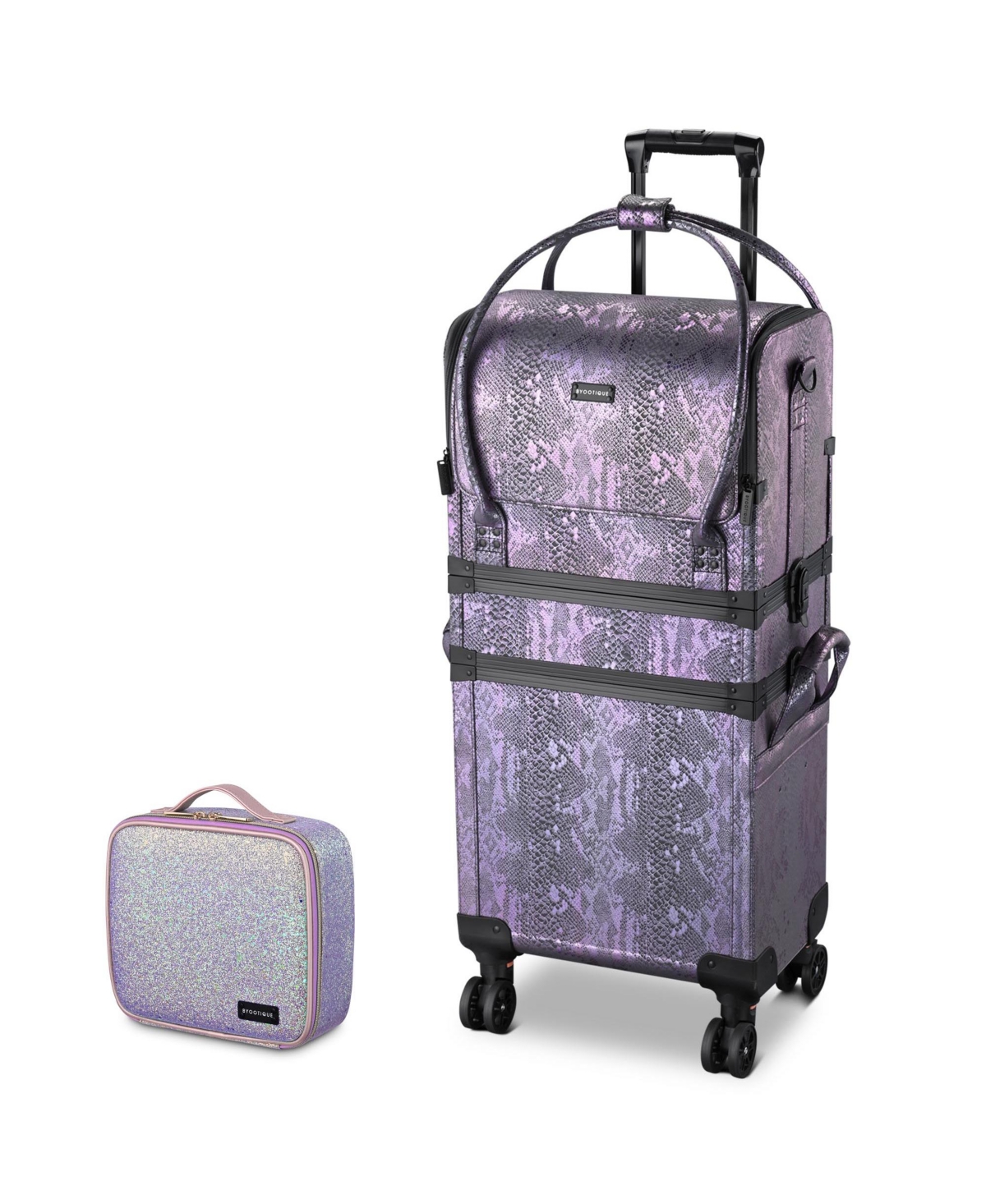 Rolling Makeup Train Case Portable Cosmetic Bag Set for Freelance Makeup Artist Cosmetic Organize Storage Travel, Glitter Purple - Purple