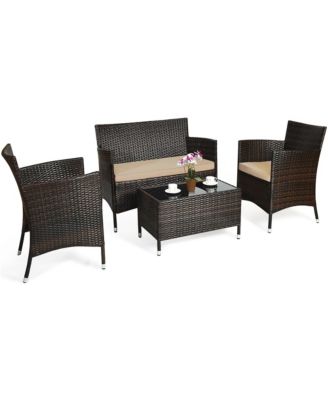 4Pieces Patio Rattan Conversation Furniture Set Outdoor with Cushion.