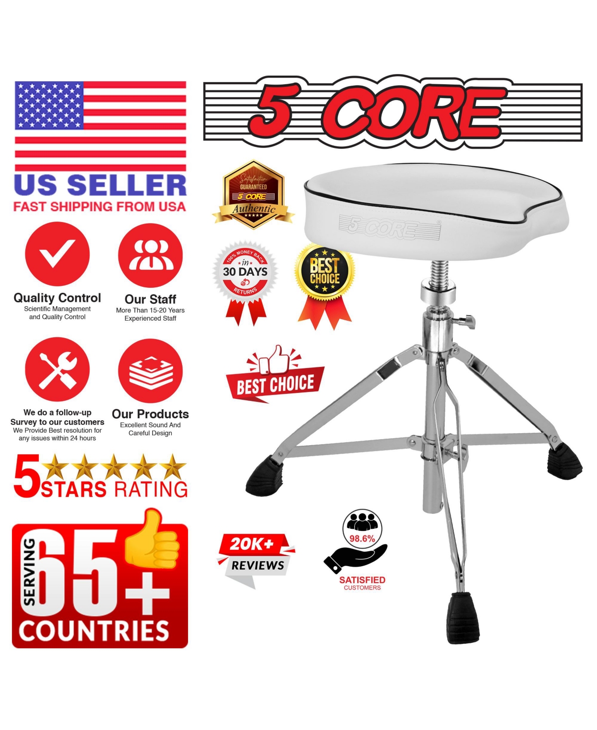 5 Core Drum Throne Padded Guitar Stool Swivel Height Adjustable Ergonomic Music Chair For Adults And Kids w Anti Slip Rubber Feet - Ds Ch Wh Sdl Hd