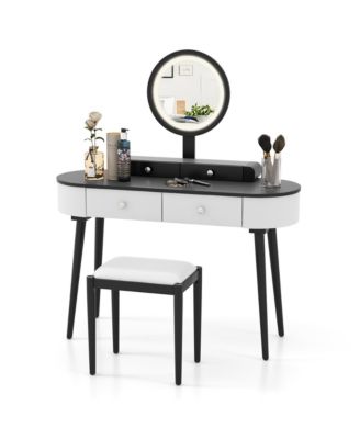 Solid Wood Makeup Vanity Desk Set with LED Lighted Mirror Drawers Cushioned Stool