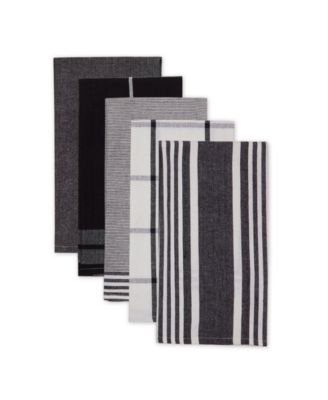 Assorted Woven Dishtowel Collection Classic Oversized, 20x28", Black, 5 Piece