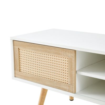 White Rattan TV Cabinet with Sliding Doors & Adjustable Shelf