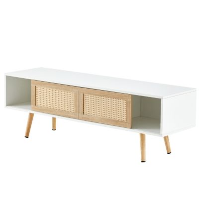 White Rattan TV Cabinet with Sliding Doors & Adjustable Shelf