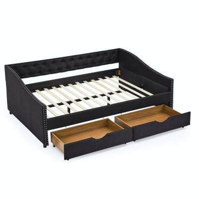 Upholstered Tufted Daybed with Drawers and Copper Nail Detail