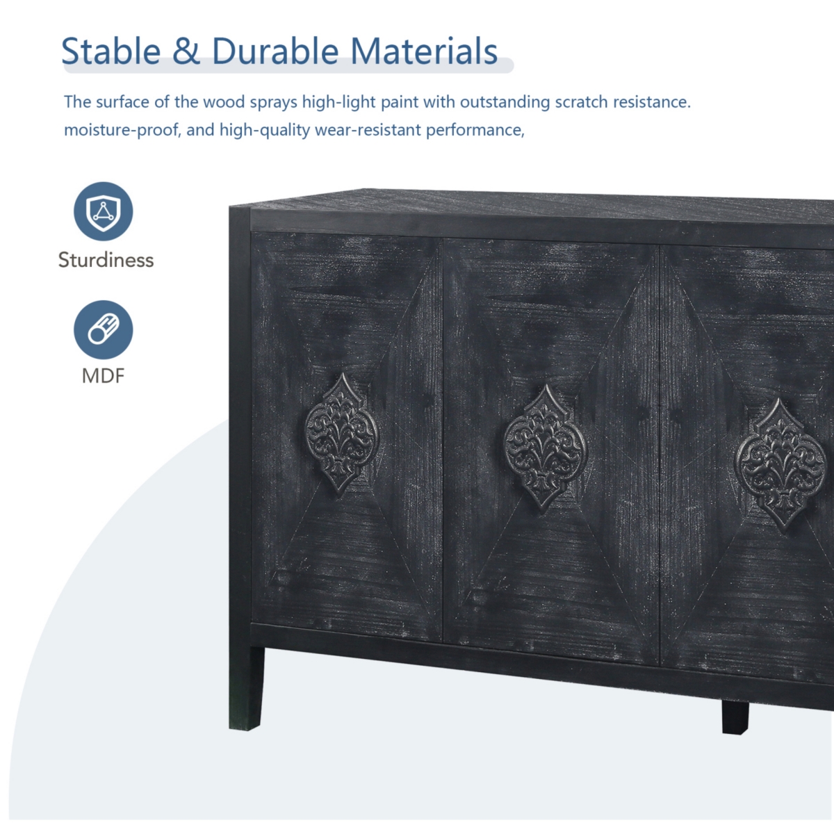 Simplie Fun Carved Flower Door Handle, Antique Four Door Cabinet For Living Room Kitchen Hallway (Black)