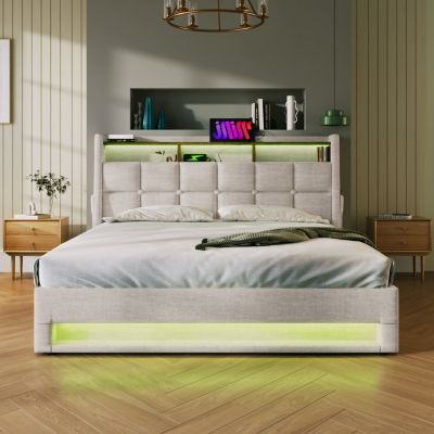 Streamdale Queen Upholstered Platform Bed with Storage, LED, USB