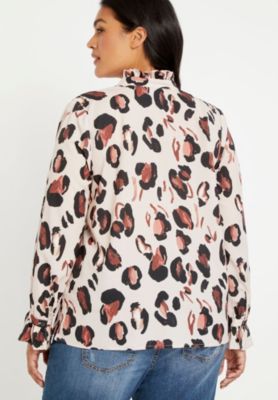 Women's Plus Size Printed Button Down Shirt With Ruffle Neck