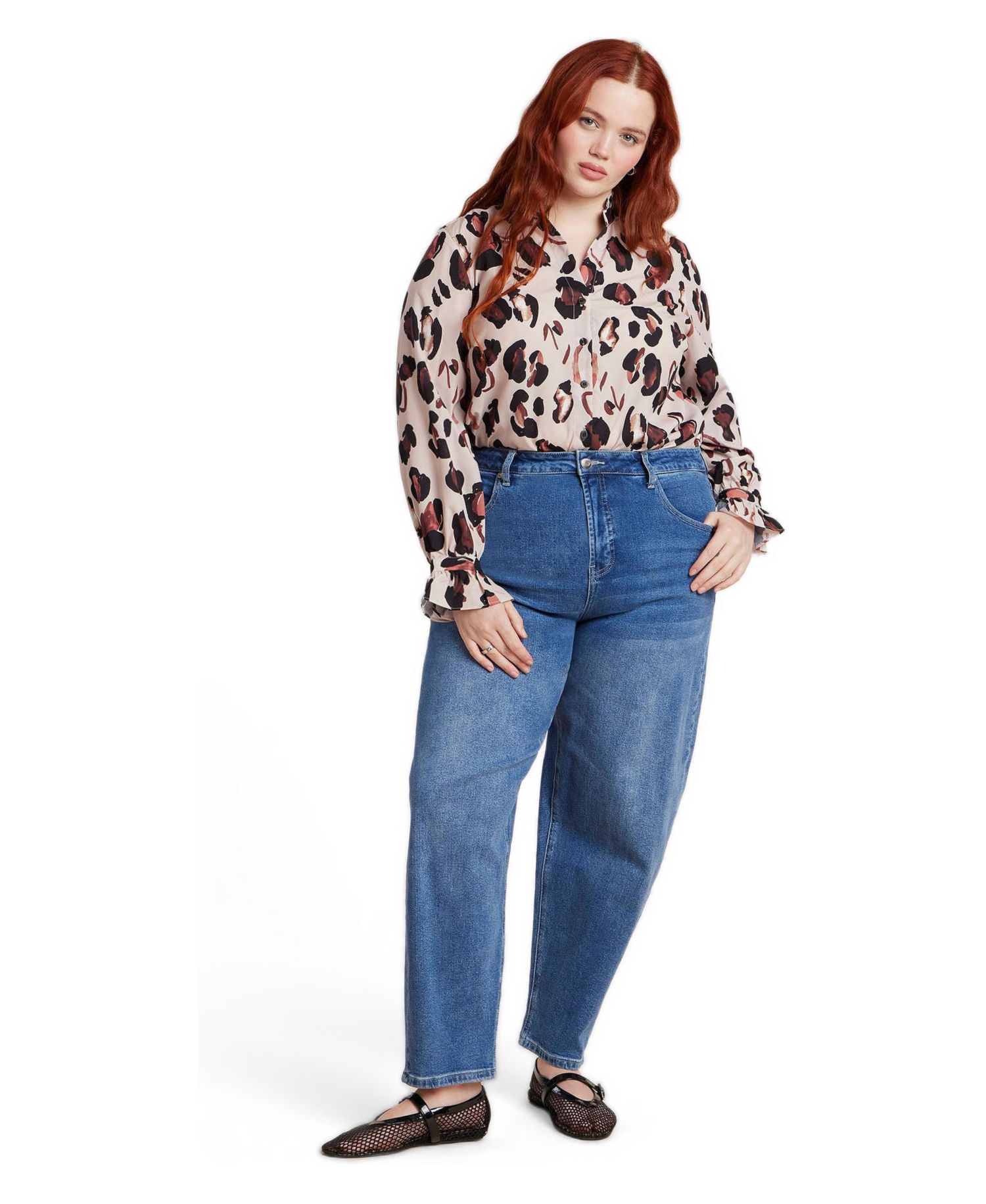 Women's Printed Button Down Shirt With Ruffle Neck