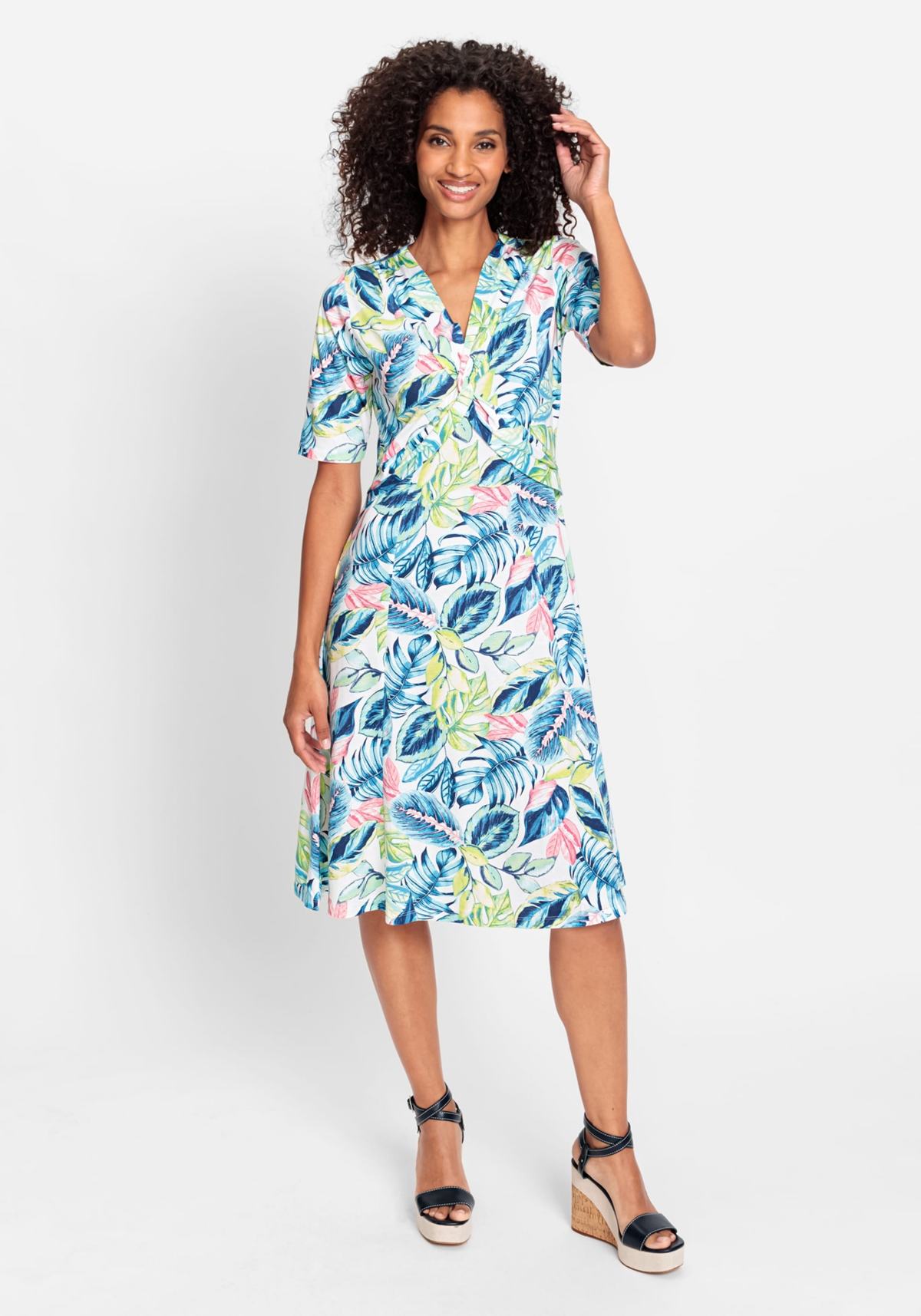 Women's Short Sleeve Tropic Print A-Line Dress containing Tencel[Tm] Modal - Light turquoise