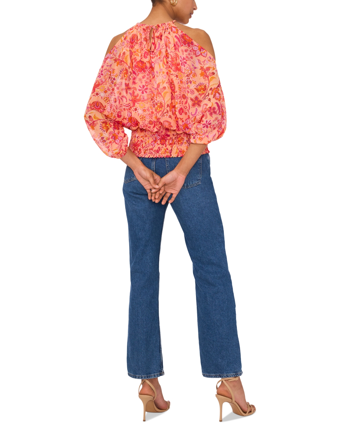 Sam & Jess Women's Cold-Shoulder Printed Smocked-Waist Top - Pink