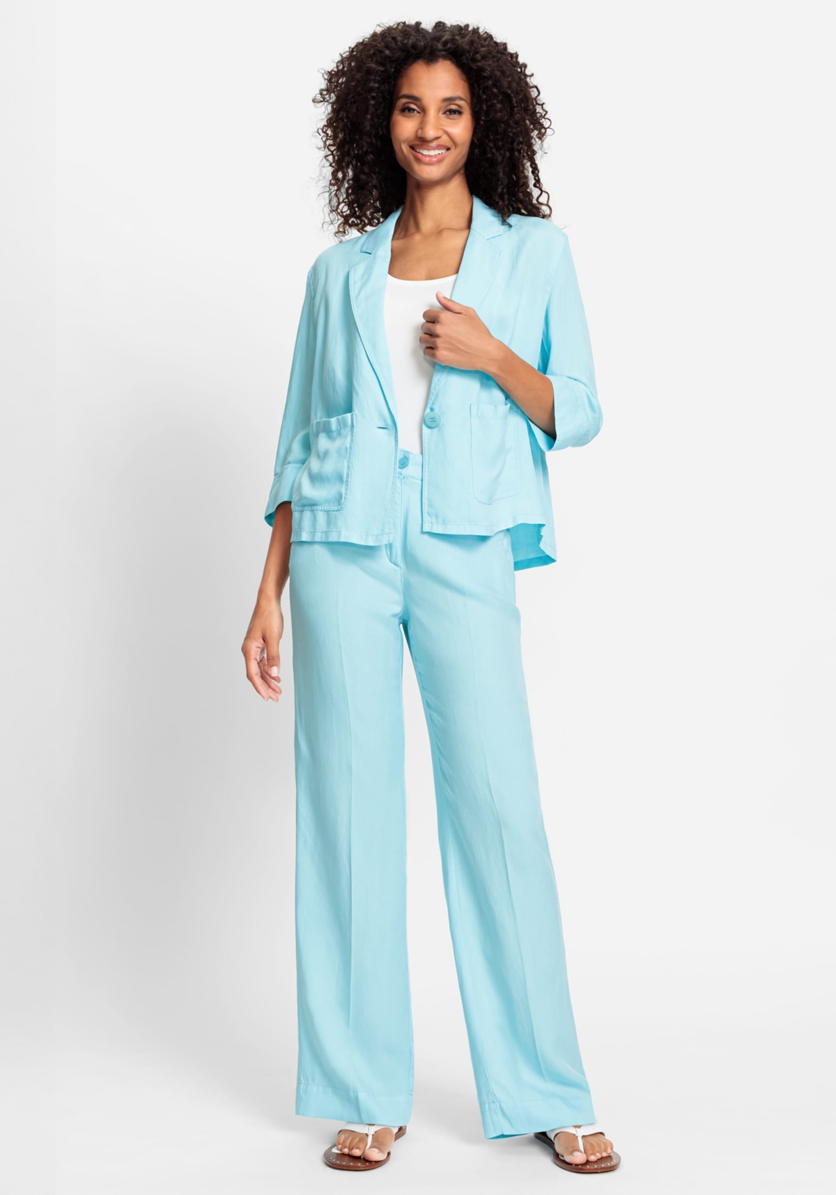 Women's Linen Blend Cropped Blazer containing Tencel[Tm] Lyocell - Light turquoise