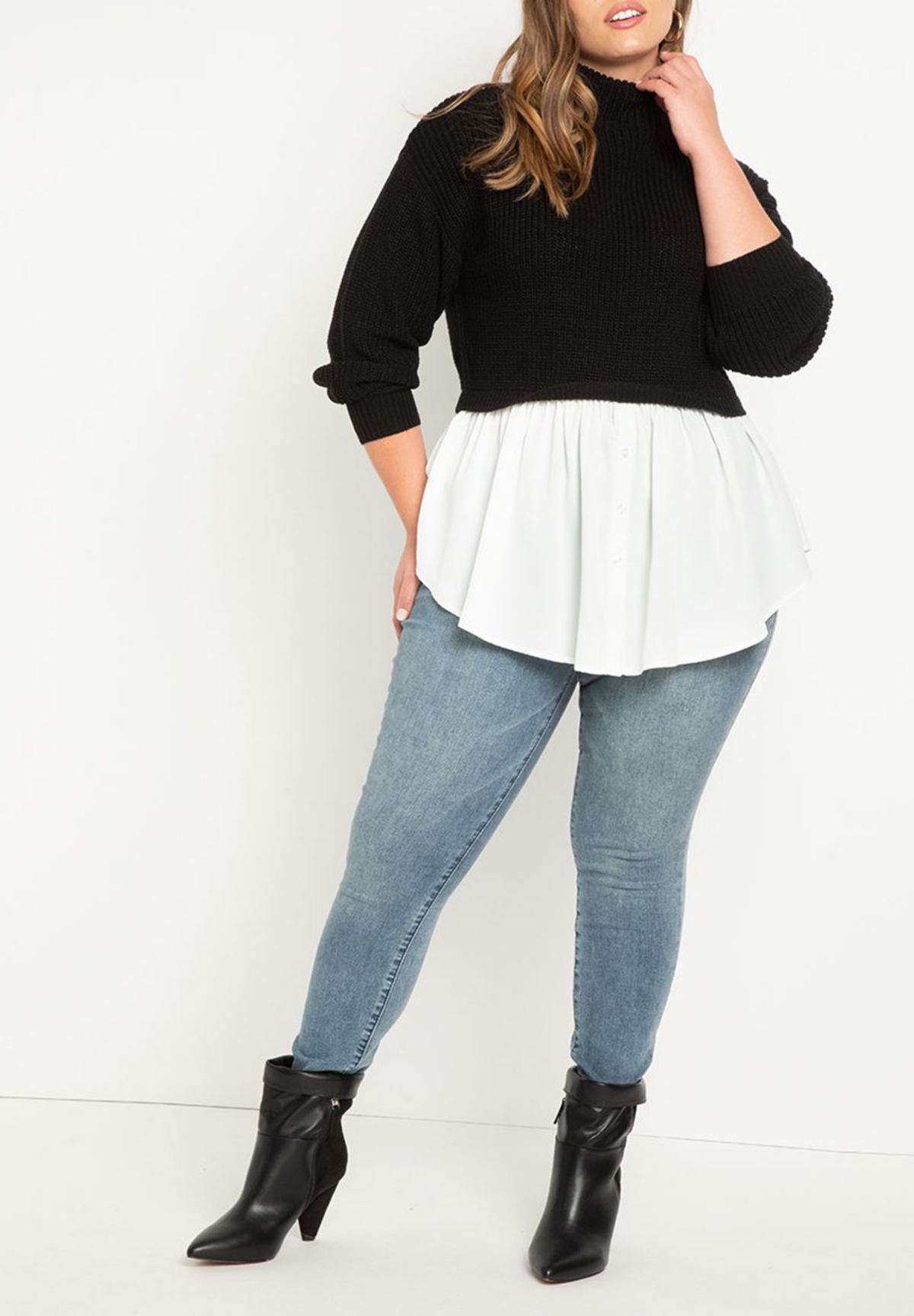 Eloquii Plus Size Twofer Skirted Sweater - Black and soft white
