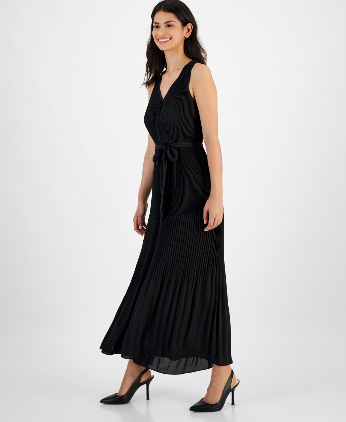 T Tahari Women's Pleated Sleeveless Tie-Waist Jumpsuit