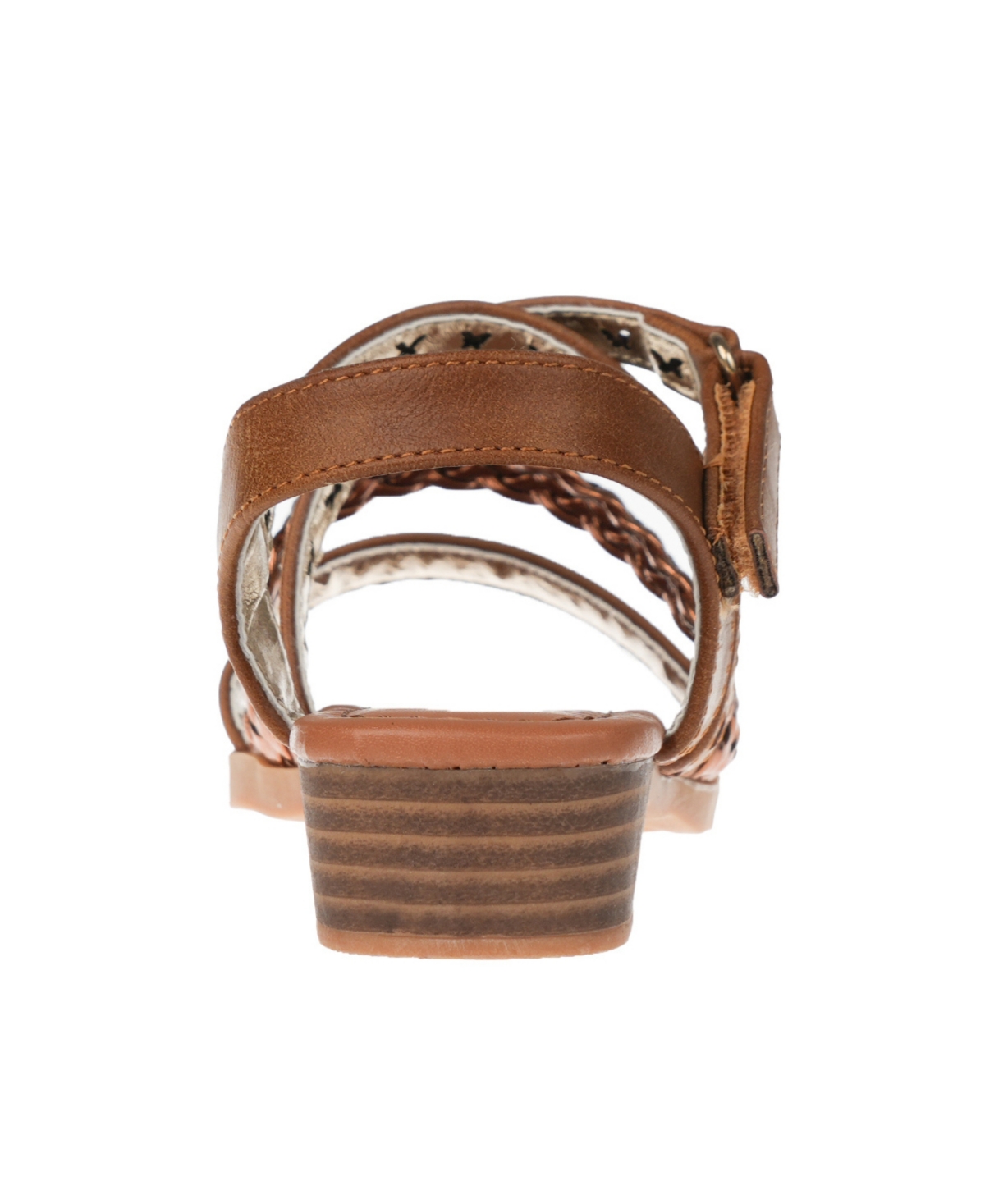 Bebe Big Girl's Stack Heel Sandal With Metallic Weaved Strap And Butterfly Chop Out Polyurethane Sandals In Brown