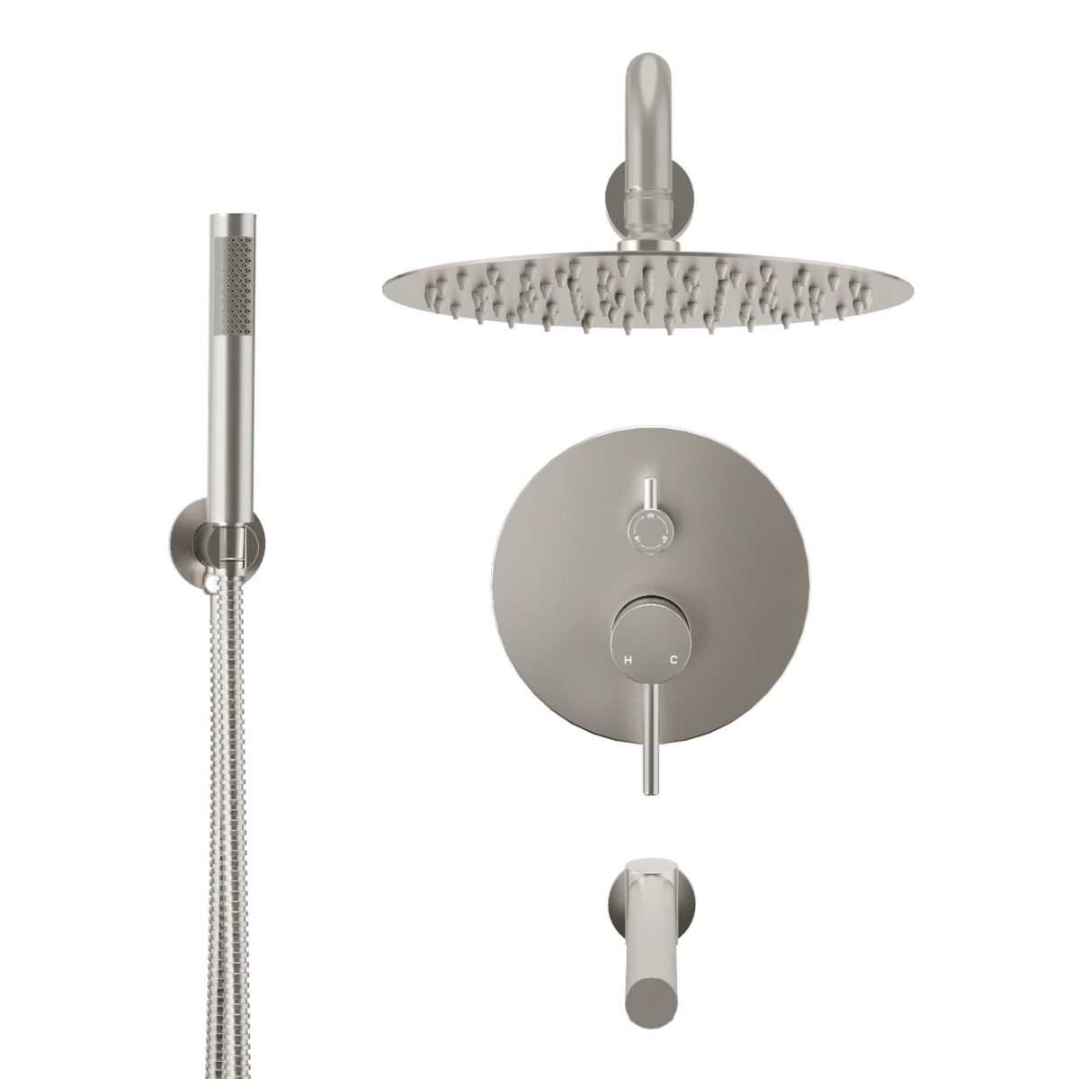 Mondawe 10-Inch Three-function Wall-mounted Round Shower Set With Swivel Bathtub Spout in Brushed Gold