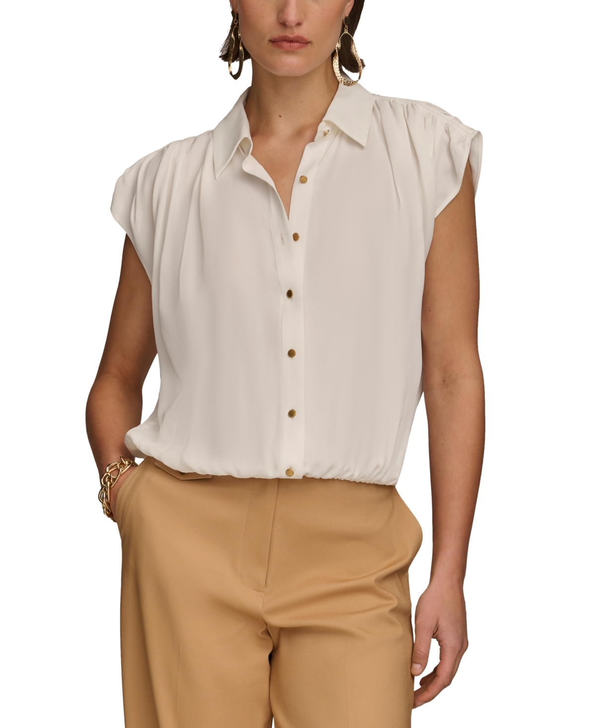 Donna Karan Women's Button-front Short Sleeve Blouse In Brown