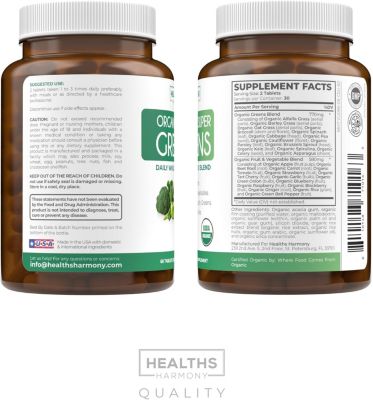 Organic Super Greens Tablets, Complete Superfood Supplement for Super Antioxidants, Energy, Gut Health, and Immune Support, Health's Harmony, 60ct