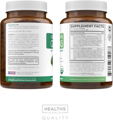 Organic Super Greens Tablets, Complete Superfood Supplement for Super Antioxidants, Energy, Gut Health, and Immune Support, Health's Harmony, 180ct