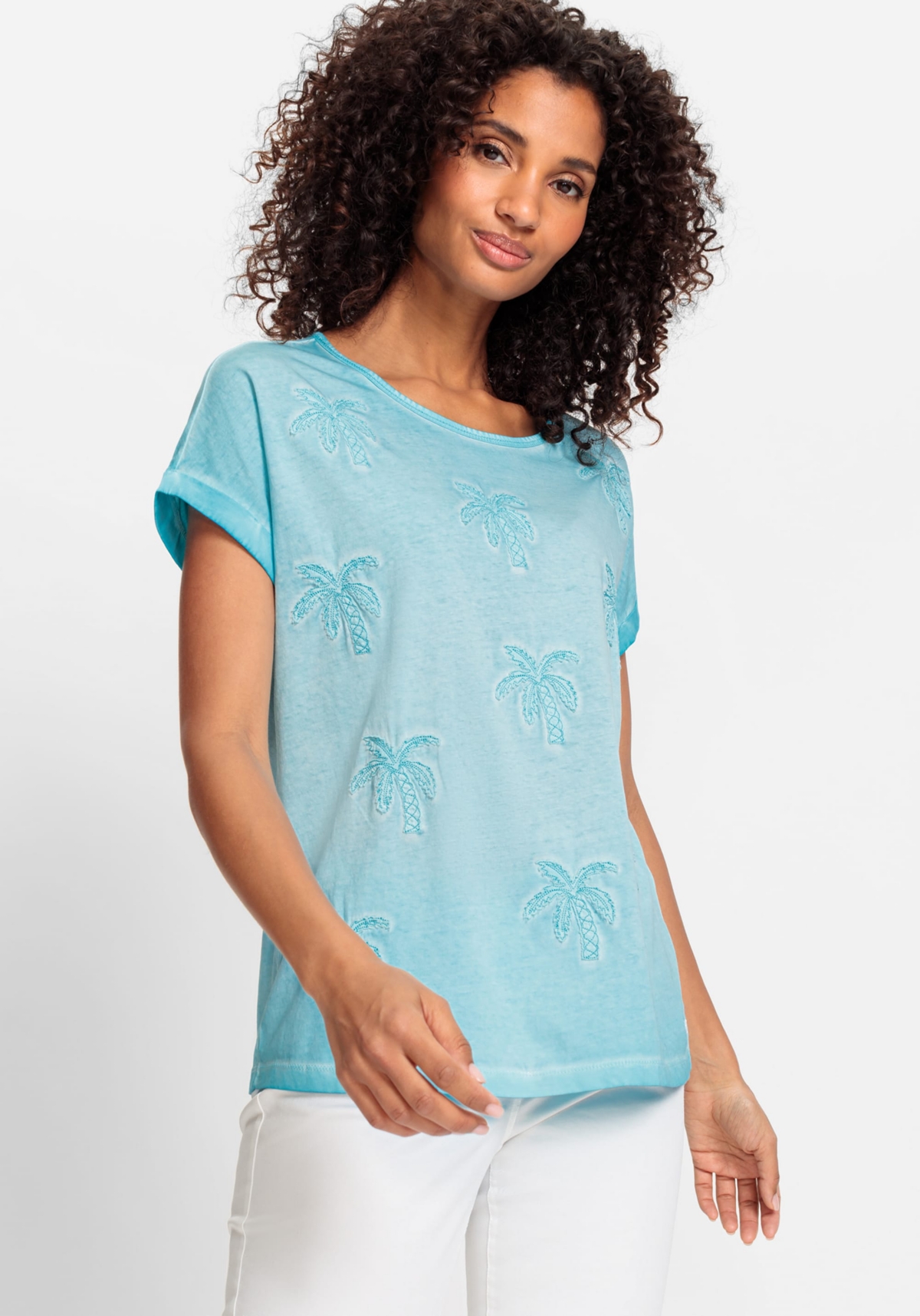 100% Cotton Short Sun-Bleached Tee with Palm Tree Applique - Light turquoise