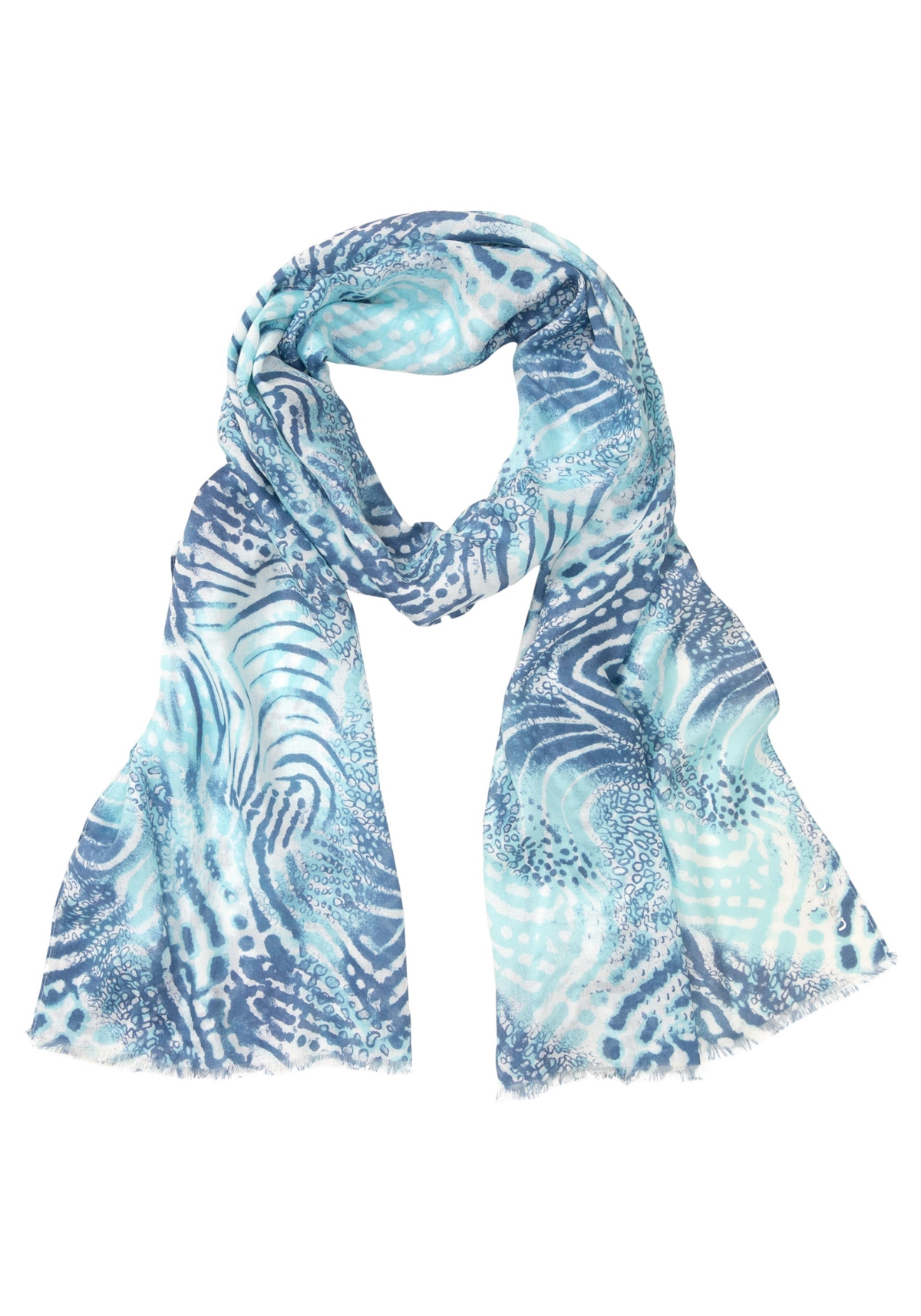 Water Print Scarf with Frayed Edge Trim - Light turquoise