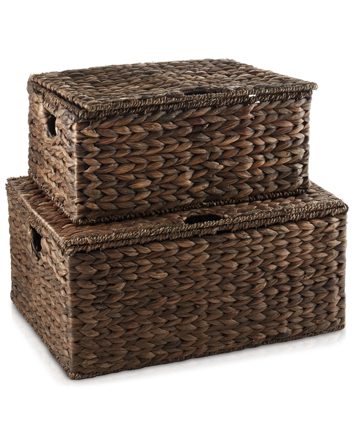 Set of 3 Water Hyacinth Storage Baskets (Small/Medium/Large), Multipurpose Organizer Rectangular Totes with Removable Lids - Espresso