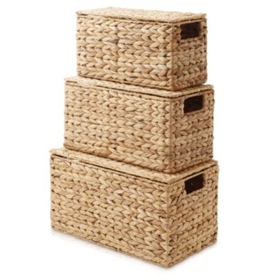 Set of 3 Water Hyacinth Storage Baskets with Lids, Natural - Small, Medium, Large - Decorative Bins for Bathroom, Closets, Laundry, Shelves