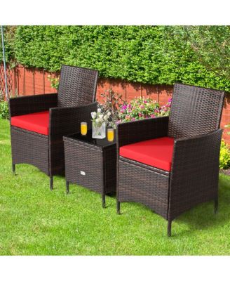 3PCS Outdoor Rattan Conversation Set Patio Furniture Set w/ Red Cushions