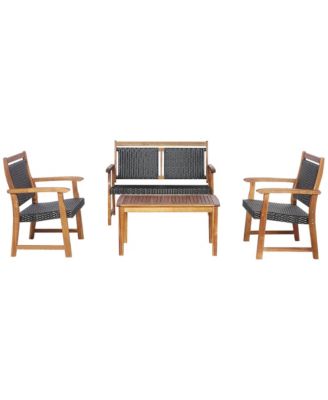 4PCS Patio Acacia Wood Conversation Set Outdoor Rattan Furniture Set