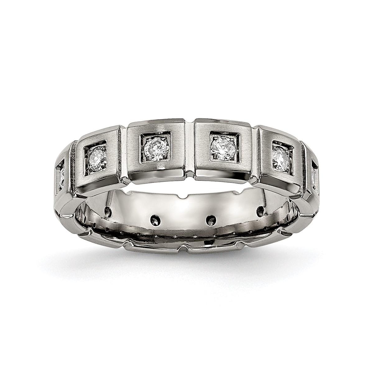 Titanium Brushed and Polished with Cz Grooved Wedding Band Ring - Grey