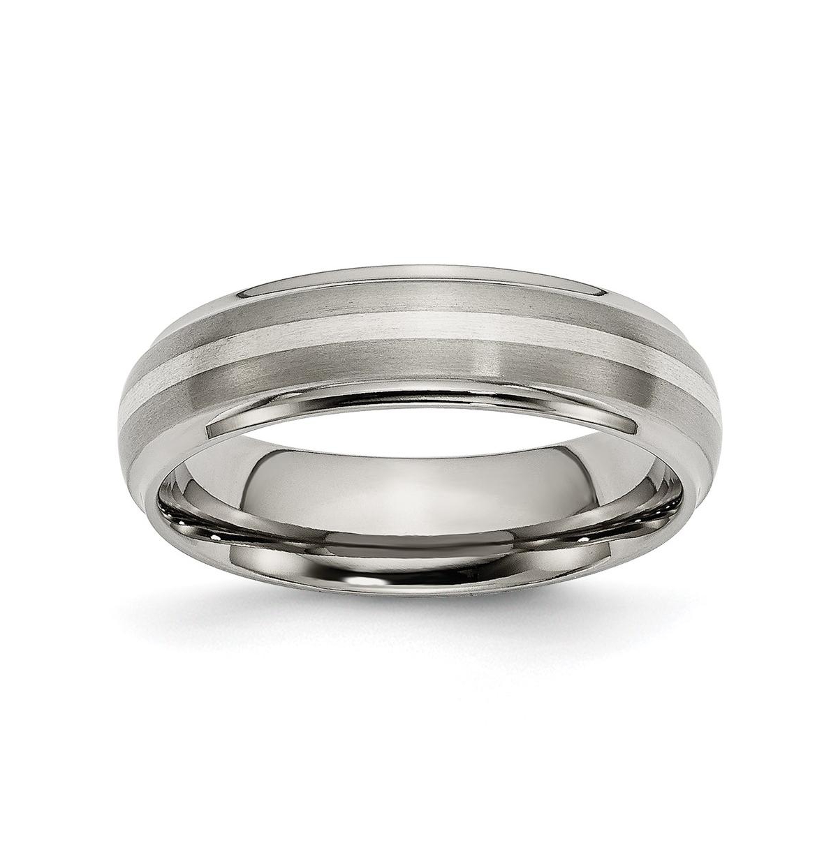 Titanium Brushed Sterling Silver Inlay Ridged Edge Band Ring - Grey