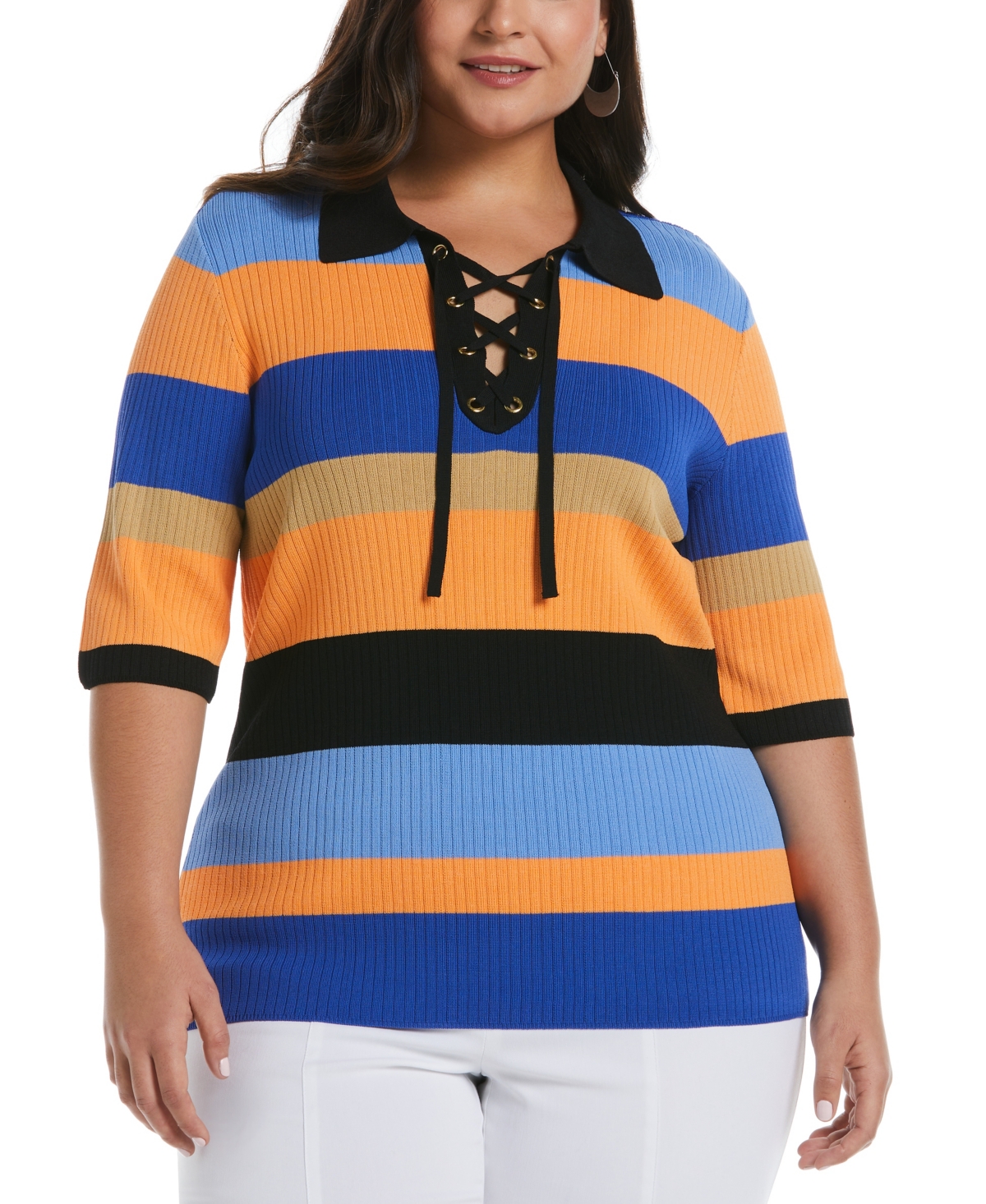 Plus Size Lace-Up Short Sleeve Polo Sweater - Dazzling Blue