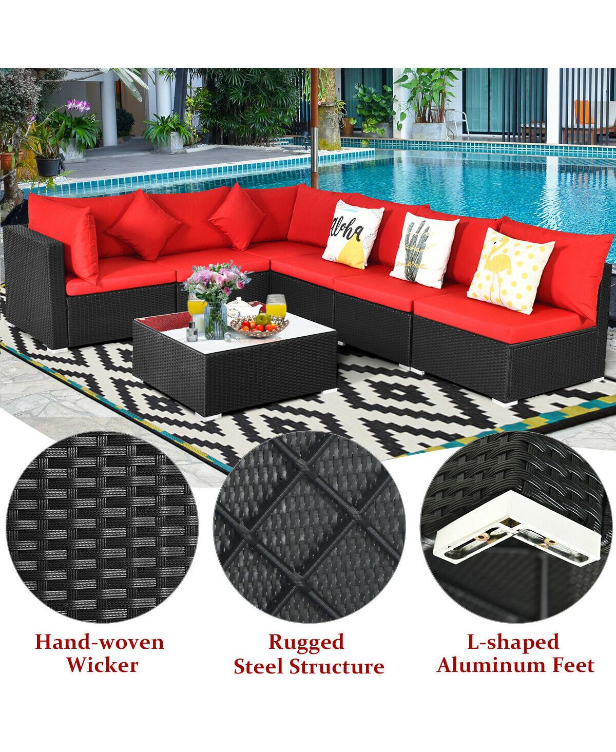 7 Pieces Sectional Wicker Furniture Sofa Set Conversation Sets with Tempered Glass Top