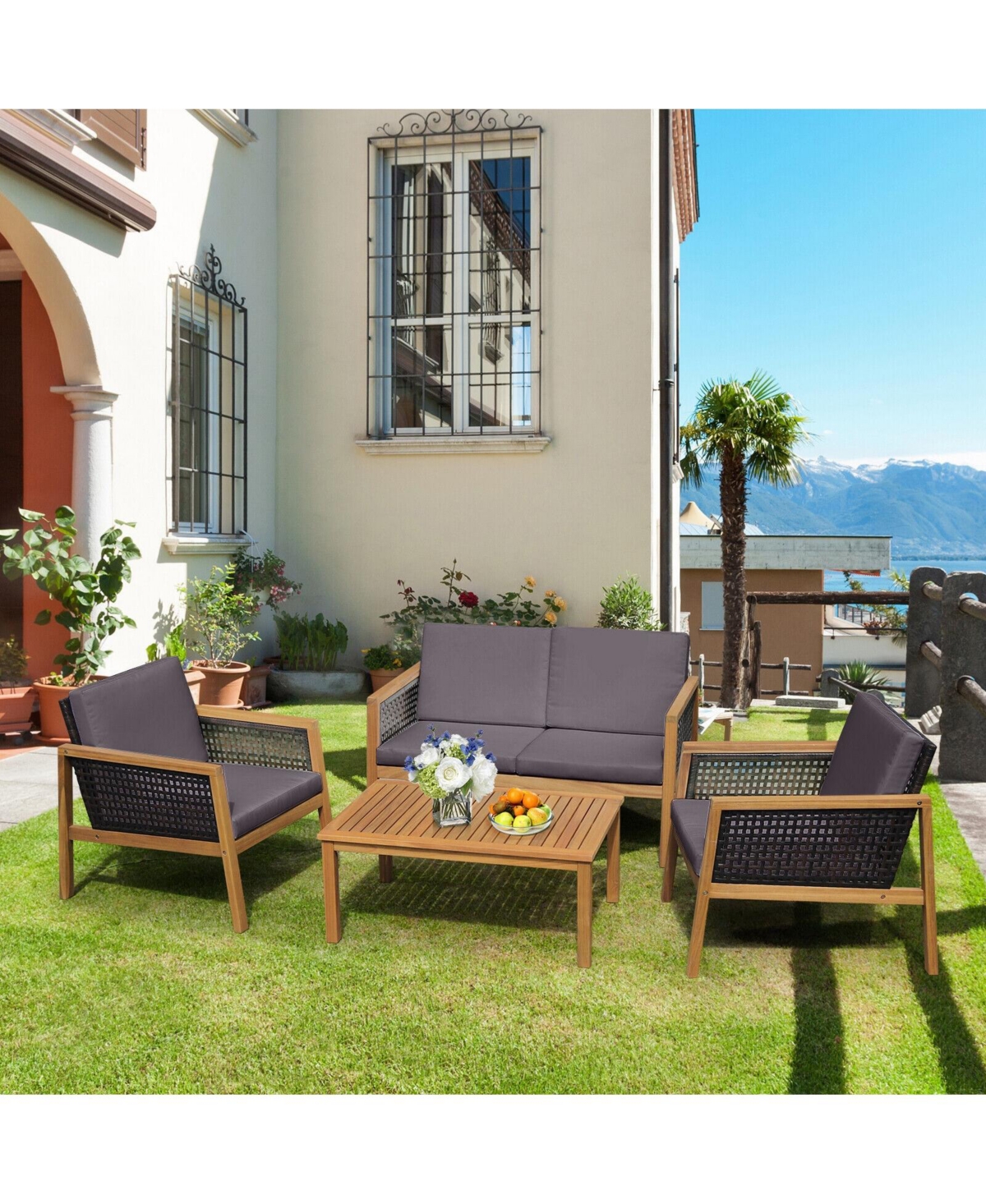 4 Pieces Patio Rattan Conversation Sets with Removable Cushions