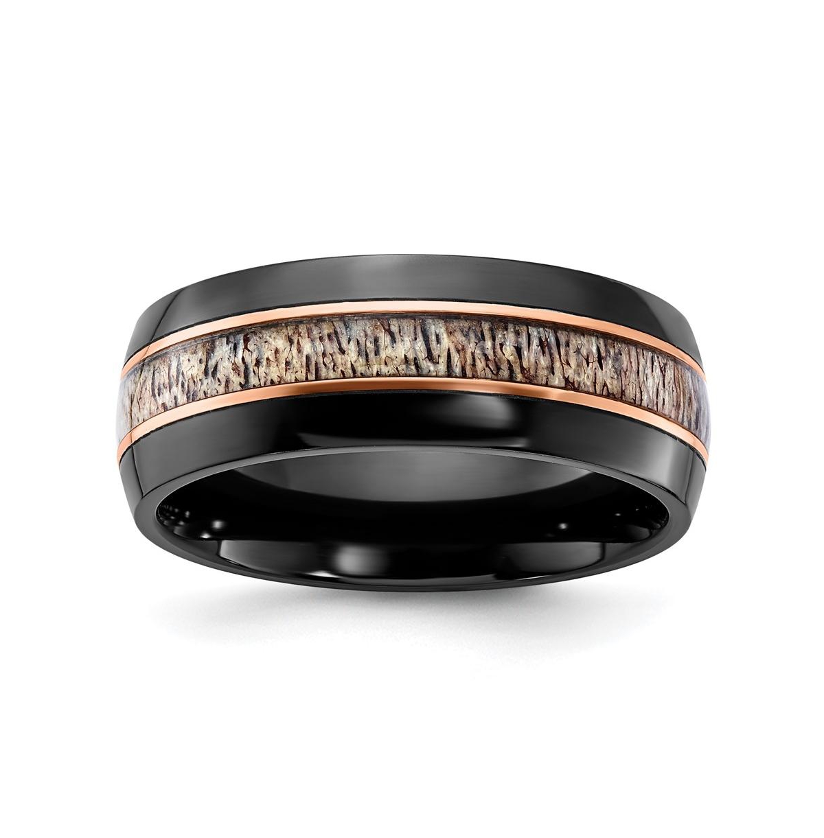 Black Zirconium Polished Rose Antler Inlay Band Ring - Black