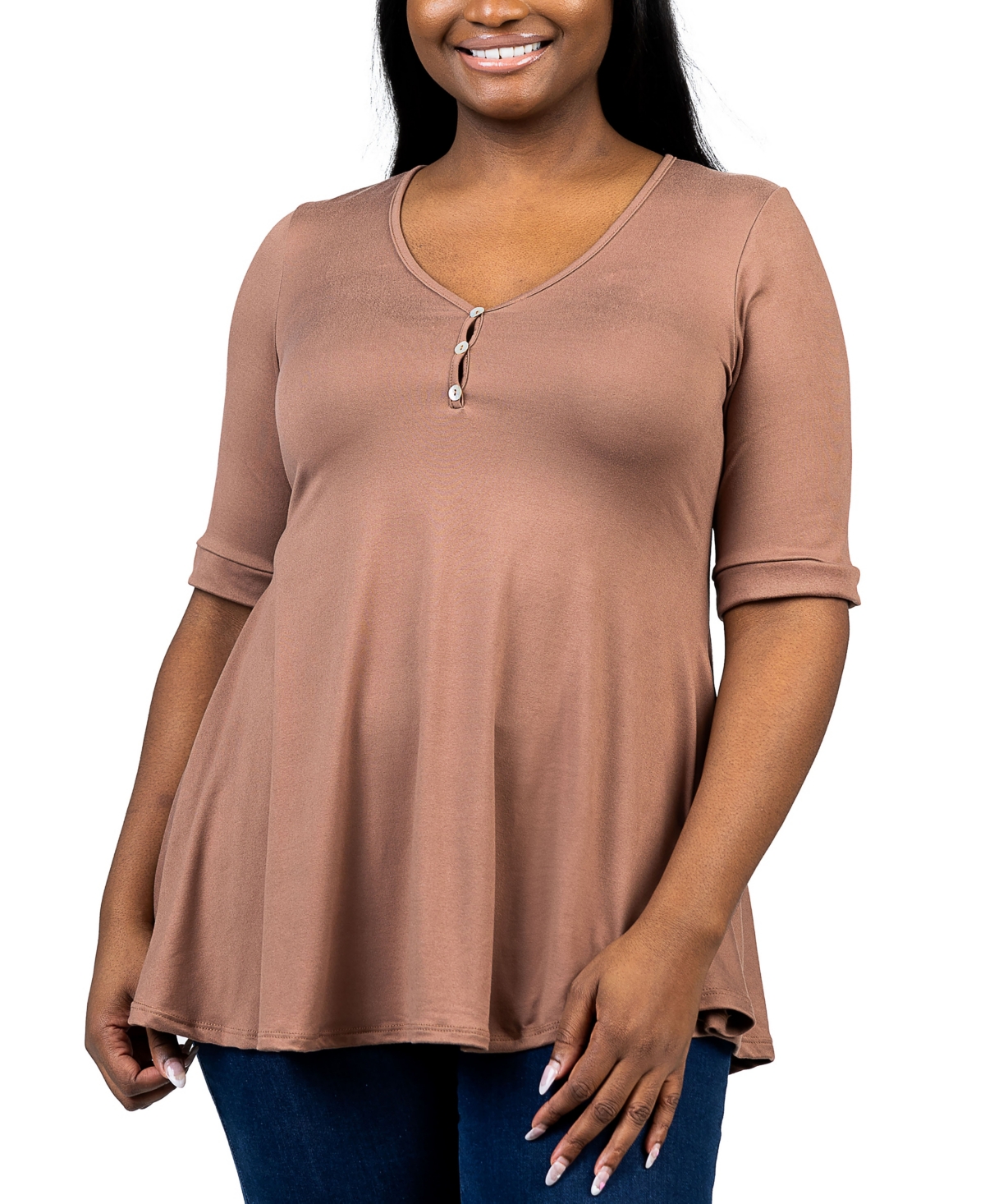 24seven Comfort Apparel Plus Size Elbow Sleeve Henley Tunic Top