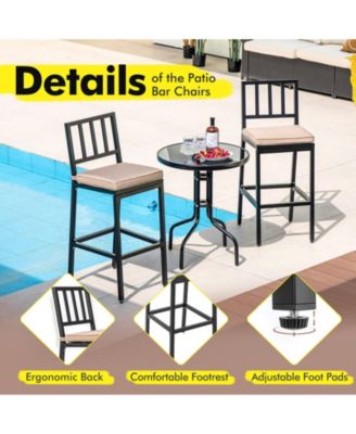 Set of 2 Patio Bar Chairs with Detachable Cushion and Footrest
