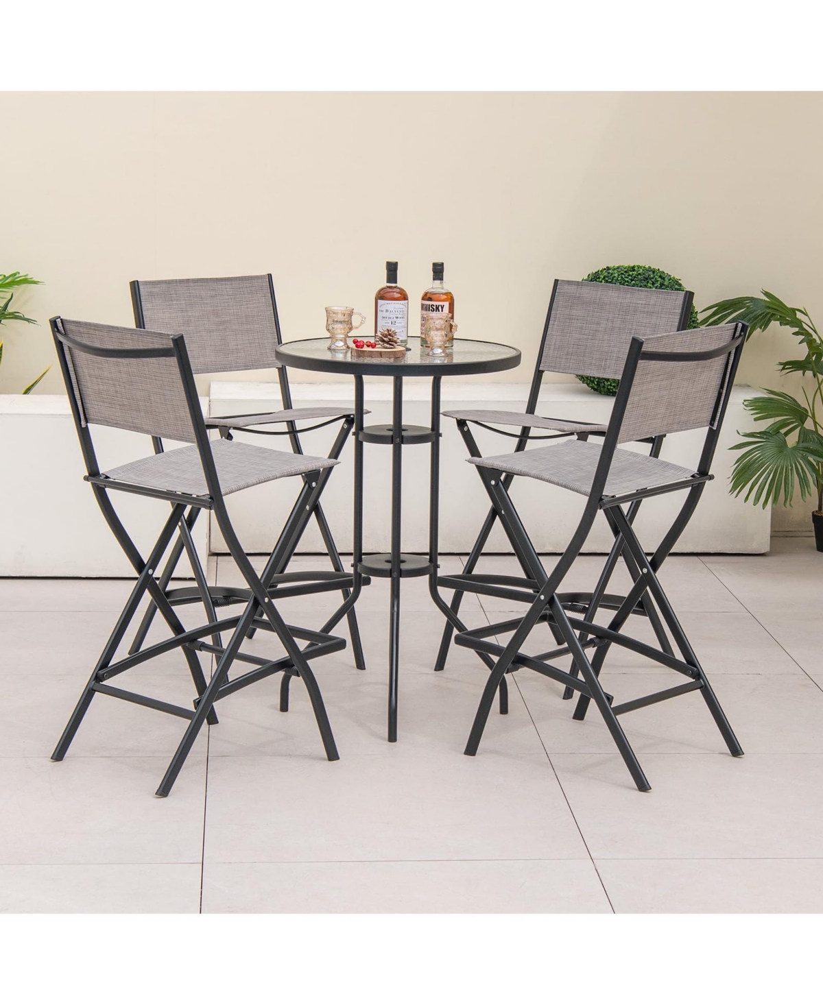Sugift Outdoor Folding Bar Height Stool Set of 4 with Metal Frame and Footrest
