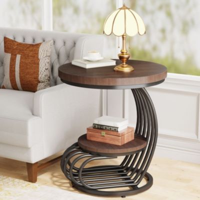 Round End Table: 2 Tiers Faux Marble Side Table with Storage Shelf, Bedside Nightstand, Metal Arc-Shaped Frame Accent Table