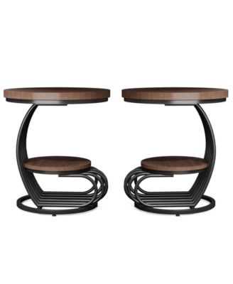 Round End Side Table: 2 Tiers Side Table Set of 2, Vintage End Table for Living Room, Small Bedside Table Accent Table with Arc-Shaped Frame, Rustic Brown