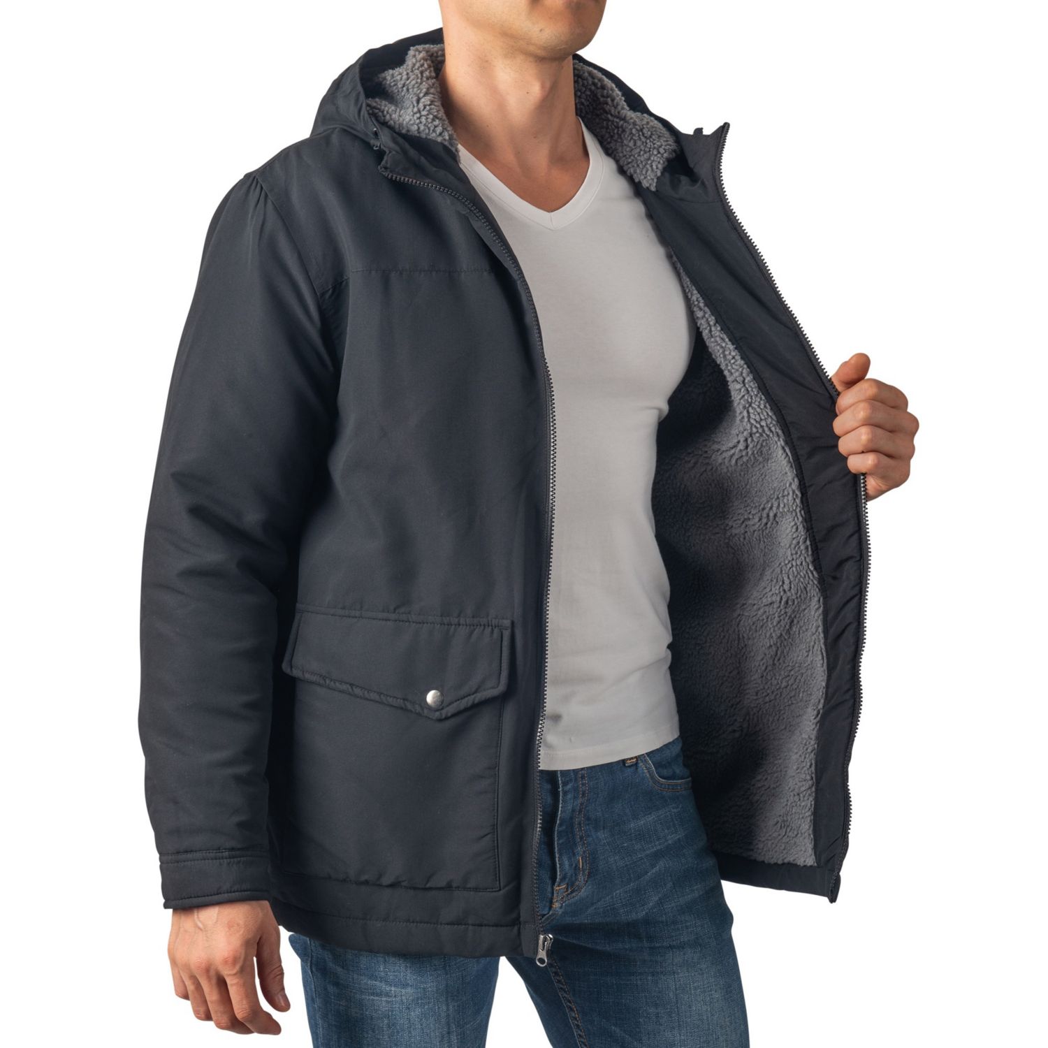 Mens Sherpa Lined Parka Hooded Winter Coat Cargo Utility Jacket