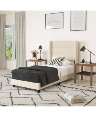 Percy Modern Platform Bed With Padded Channel Stitched Upholstered Wingback Headboard