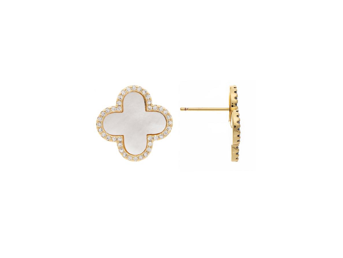 Mother of Pearl and Cubic Zirconia Clover Stud Earrings - Gold with white mothe of pearl