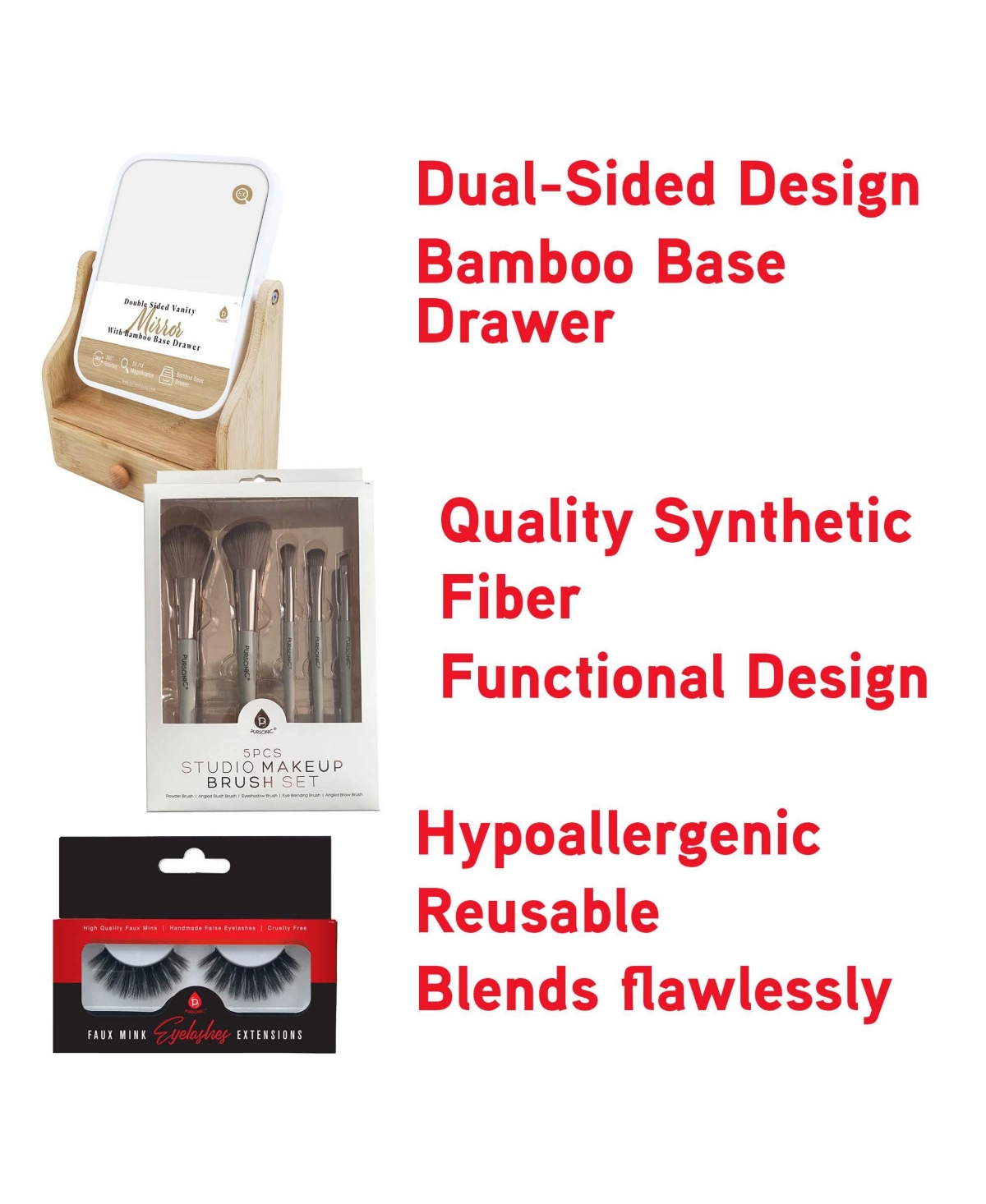Pursonic Glamour Essentials Bundle: Studio Makeup Brush Set, False Eyelashes Extensions (5 pairs per pack) and Dual-Sided Vanity Mirror - Assorted Pre