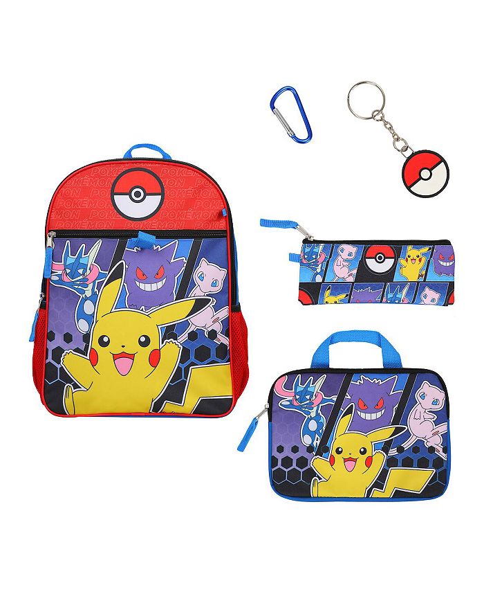 Pokemon 5Piece Set 16" Backpack, Padded Utility Case, Small Utility Case, Rubber Keychain, and